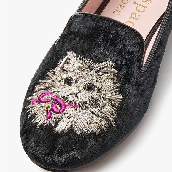 ♠️kate spade Lounge Whiskers Meow Cat Suede Loafers, Black Multi NIB - Picture 2 of 16